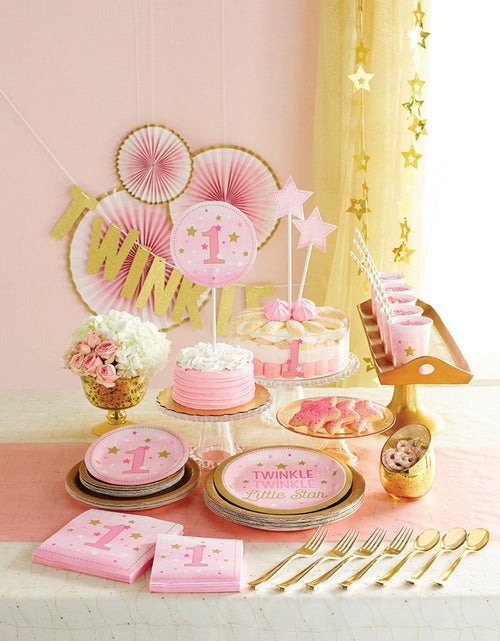 Load image into Gallery viewer, Creative Converting One Little Star-Girl Plastic Table Cover 54x102 Pink Gold
