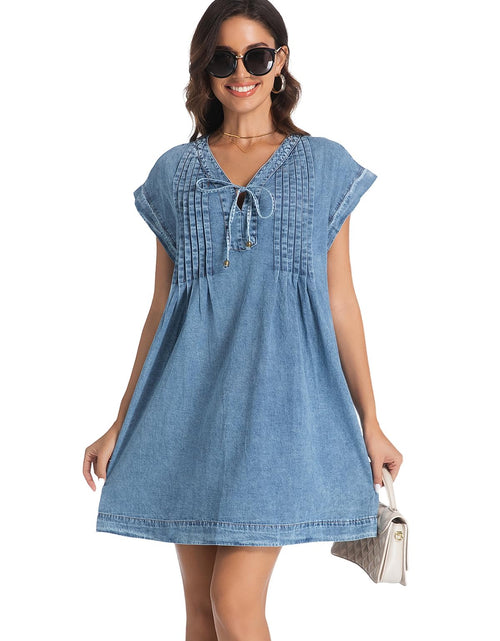 Load image into Gallery viewer, LIUSHIQI Womens Denim Romper V Neck Tie Front Pockets Blue Size S
