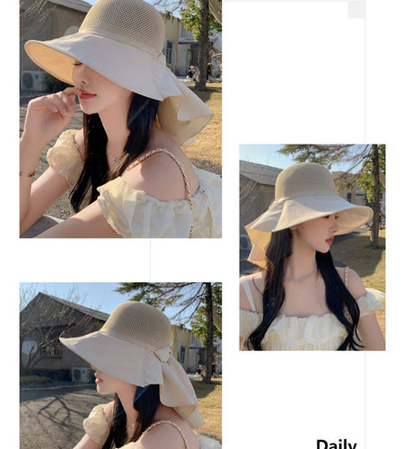 CAOCEFA Womens UPF50 Mesh Sun Hat Wide Brim Neck Flap Off White