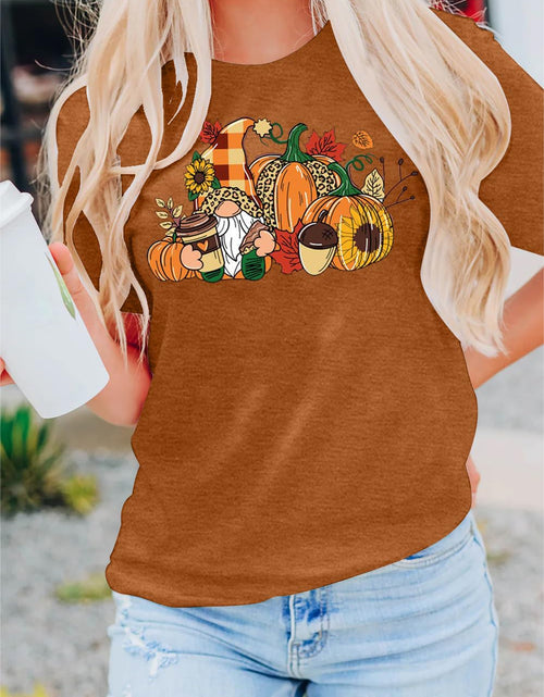 Load image into Gallery viewer, MAIHUN Womens Thanksgiving Shirt Cute Gnomes Pumpkin Fall Short Sleeve Size S
