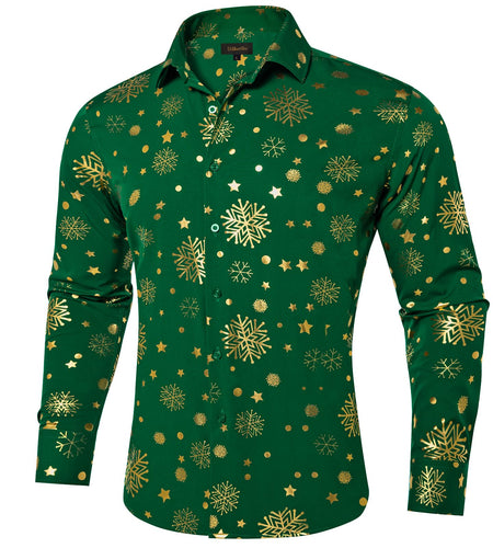 DiBanGu Mens Christmas Long Sleeve Button Down Shirt Green Gold Snowflake Size S