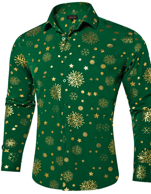 Load image into Gallery viewer, DiBanGu Mens Christmas Long Sleeve Button Down Shirt Green Gold Snowflake Size S
