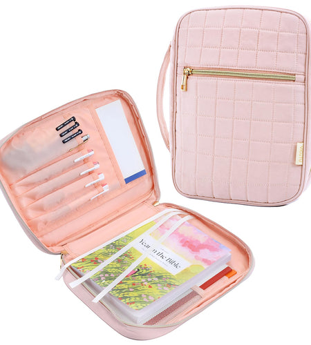 VICUTU Bible Cover Case for Women with Handle Pink Soft Quilted Carrying Bag