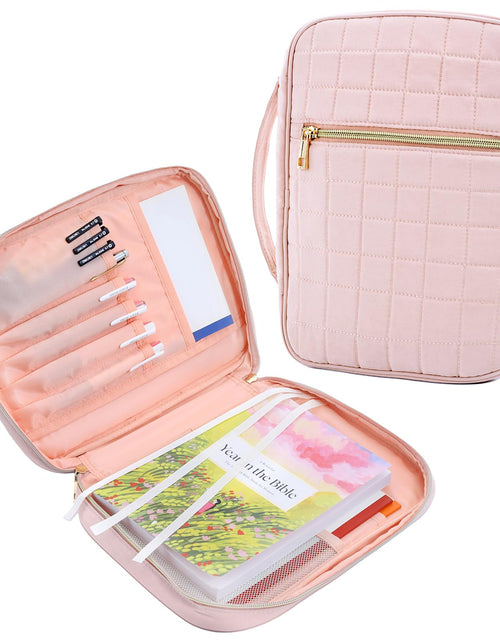 Load image into Gallery viewer, VICUTU Bible Cover Case for Women with Handle Pink Soft Quilted Carrying Bag
