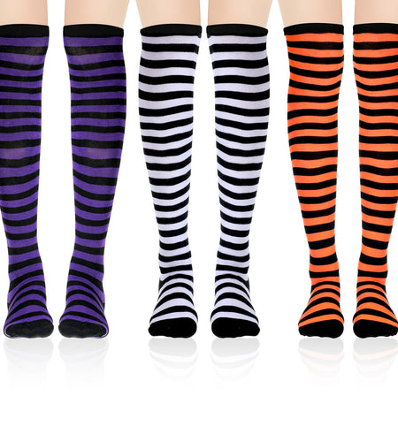Tweruna 3 Pair Women's Knee High Striped Socks Orange Black Purple