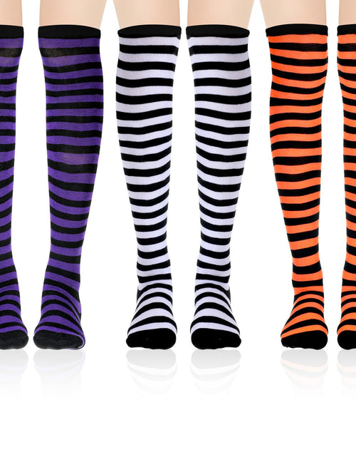 Load image into Gallery viewer, Tweruna 3 Pair Women's Knee High Striped Socks Orange Black Purple
