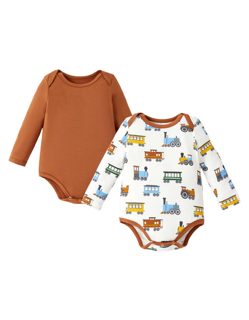 Load image into Gallery viewer, PATPAT Baby Boys Bodysuits 2-Pack Long Sleeve Train Print Brown Car Size 18-24M
