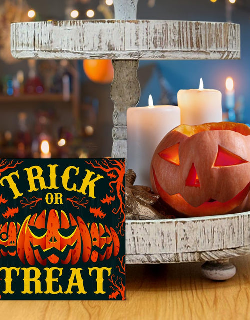 Load image into Gallery viewer, Hijie Halloween Wooden Pumpkin Sign Spooky Home Decor 5x5 Inches TREAT
