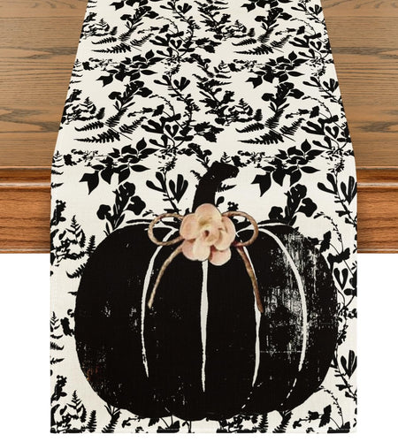 Artoid Mode Pumpkin Leaves Darkness Flower Fall Table Runner Black 13x36 Inch