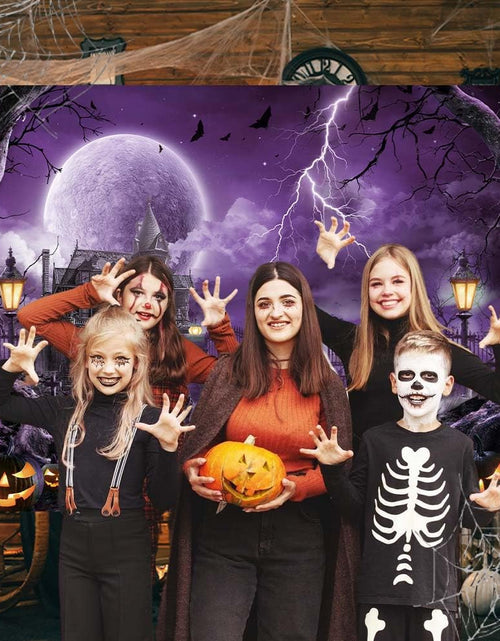 Load image into Gallery viewer, Halloween Backdrop Banner Scary Castle Cemetery Purple Full Moon 7x5Ft
