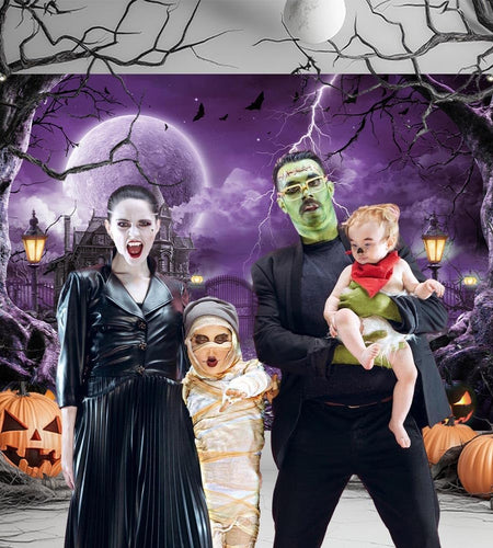 Halloween Backdrop Banner Scary Castle Cemetery Purple Full Moon 7x5Ft