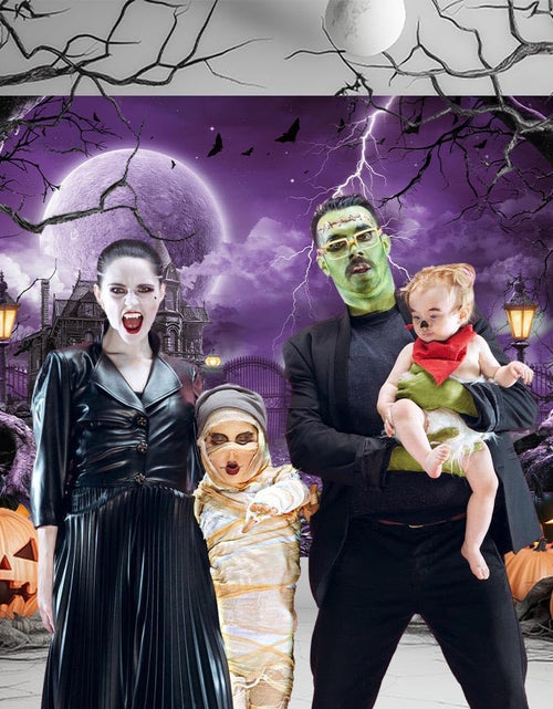 Load image into Gallery viewer, Halloween Backdrop Banner Scary Castle Cemetery Purple Full Moon 7x5Ft
