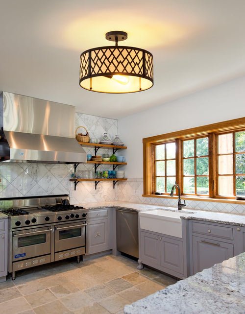 Load image into Gallery viewer, SGLfarmty 15.7in Black Drum Chandelier 3 Light Ceiling Fixture Farmhouse Pendant
