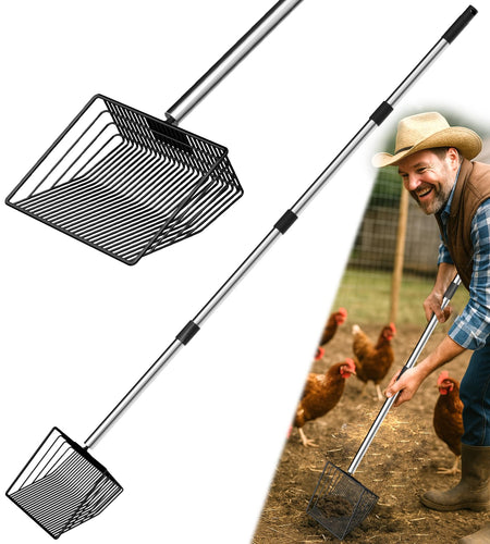 MENGBEI Chicken Poop Scooper Stainless Steel 15-54" Telescoping Handle 8" Wide