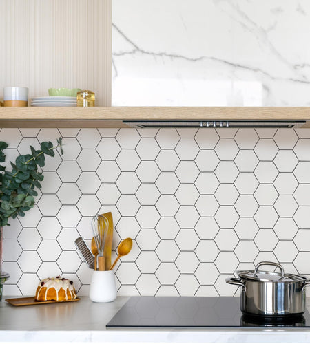 Yipscazo Hexagon Peel Stick Backsplash Tile SPC Faux Marble Pure White 1 Sheet