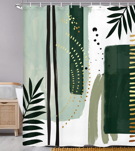 Torich Mid Century Boho Geometric Waterproof Shower Curtain 69x72 Green 12pc