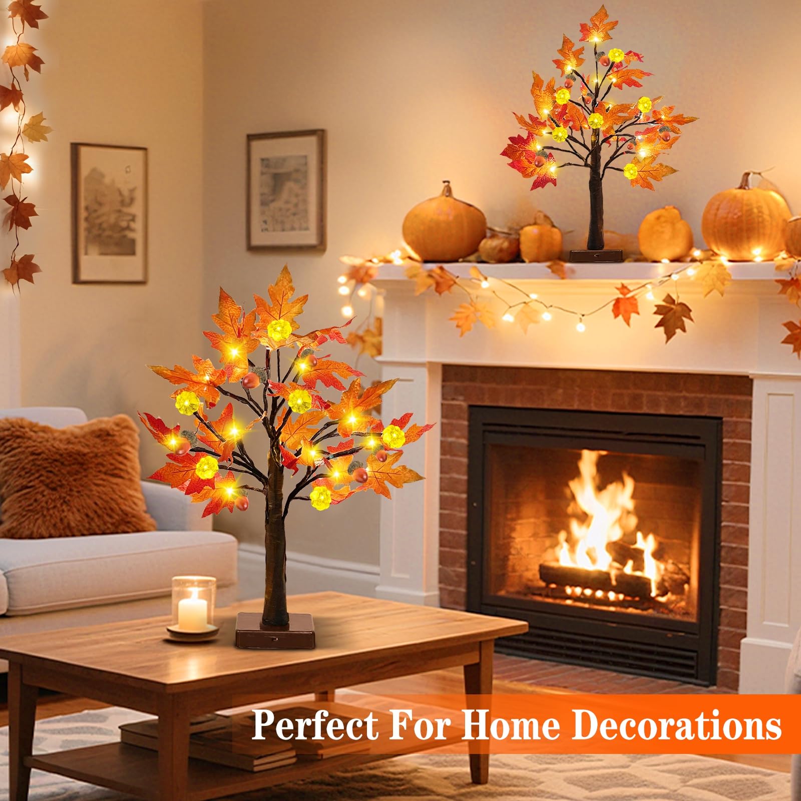 TURNMEON 2Pack 24in Prelit Fall Maple Tree Lights48 LED Timer Battery Orange Red