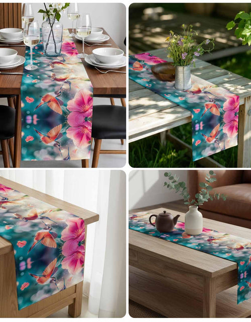Load image into Gallery viewer, Perdecor Spring Hummingbird Pink Petals Table Runner 13x70in Cotton Linen

