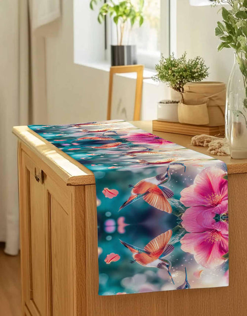 Load image into Gallery viewer, Perdecor Spring Hummingbird Pink Petals Table Runner 13x70in Cotton Linen
