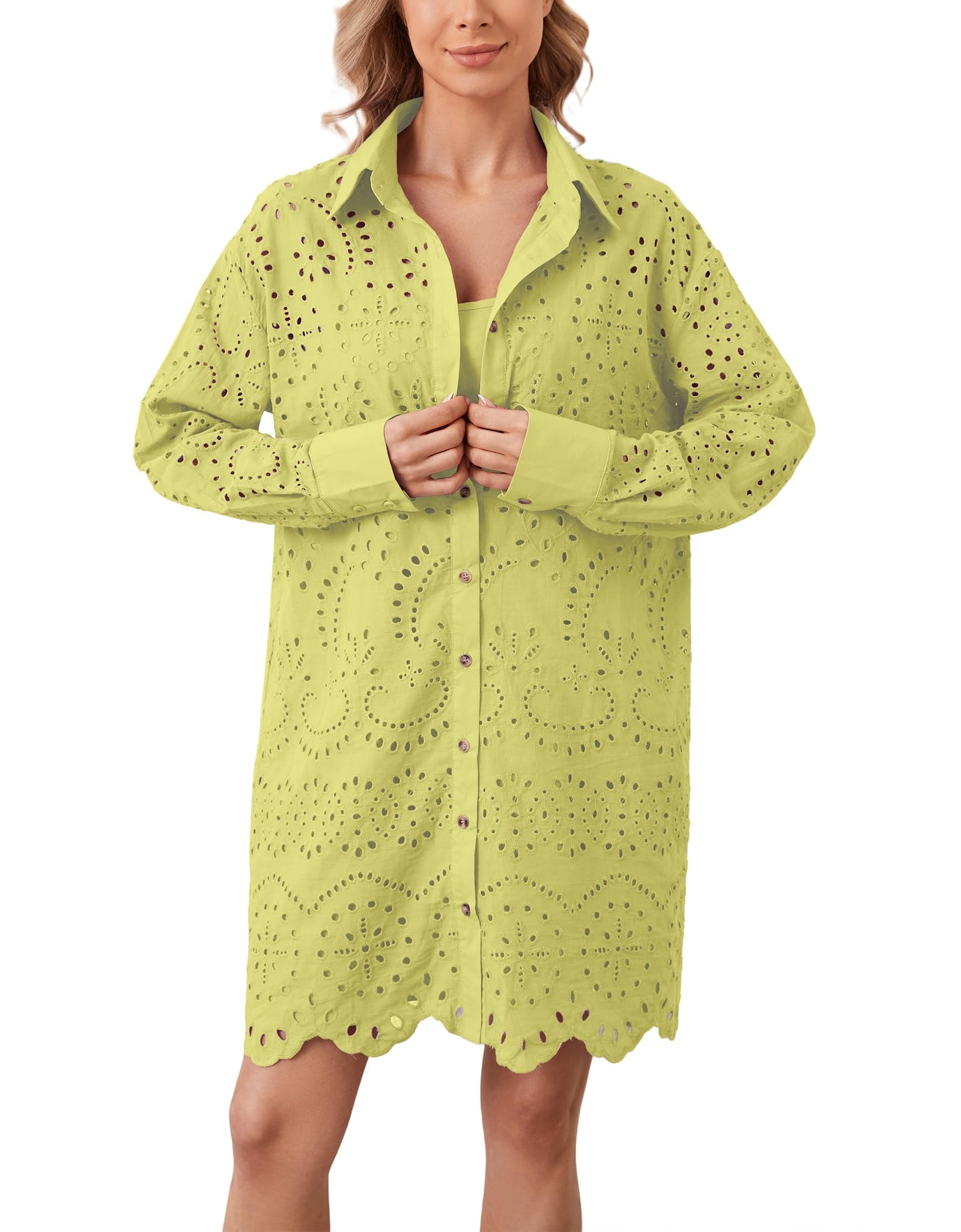 AIHUKOCY Women Hollow Out Button Down V Neck Long Sleeve Mini Dress Yellow M