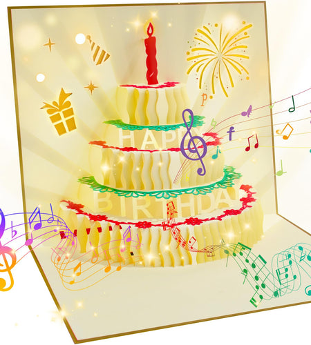 CANREVEL 3D PopUp LED Birthday Card Blowable Candle Music Black Gold