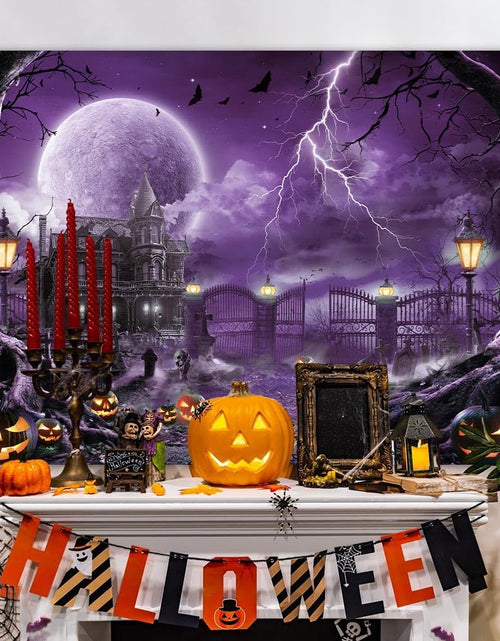 Load image into Gallery viewer, Halloween Backdrop Banner Scary Castle Cemetery Purple Full Moon 7x5Ft
