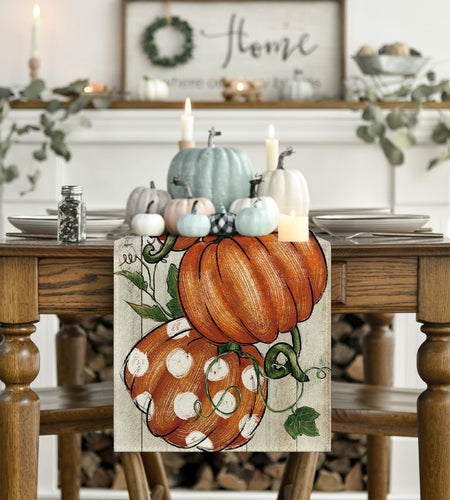 Artoid Mode Polka Dot Pumpkins Vine Wood Fall Table Runner 13x36 Inch