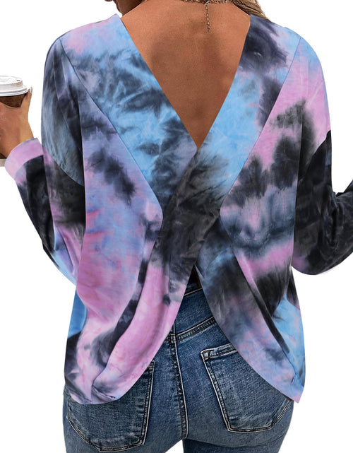 Load image into Gallery viewer, LilyCoco Long Sleeve Open Back Criss Cross Tie Dye Top Black Size L

