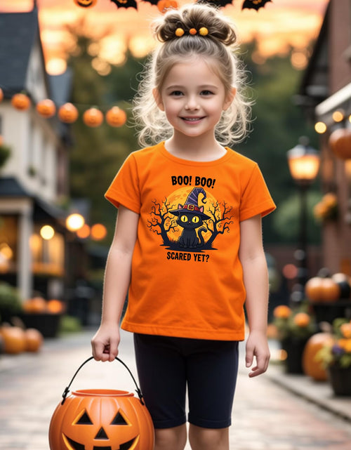 Load image into Gallery viewer, HELLO MEOW Halloween Boys T Shirt Orange Black Cat Size 4-5T
