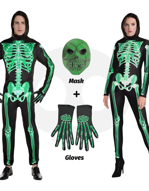 Load image into Gallery viewer, XXLOG Glow in the Dark Skeleton Costume Hooded Jumpsuit Halloween Cosplay Adult
