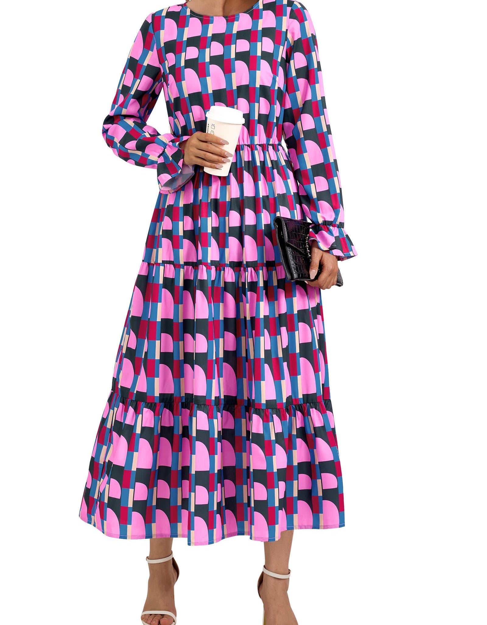 KIRUNDO Womens Spring Long Sleeve Boho Floral Midi Dress Pink Size M