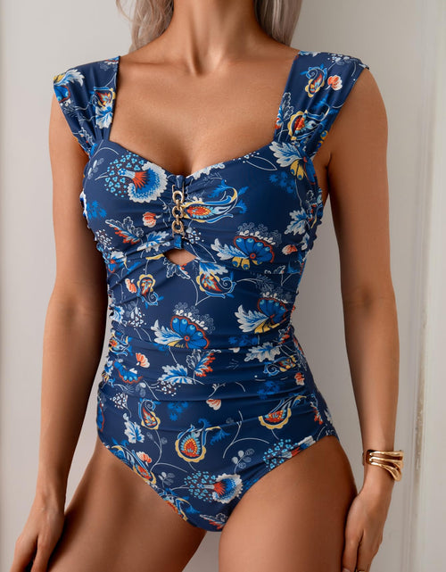 Load image into Gallery viewer, Eomenie Womens One Piece Tummy Control Push Up Wide Strap Navy Blue Print Size M

