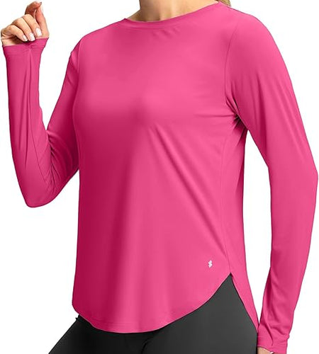 Soothfeel Women's Long Sleeve Cotton Workout Shirt Thumb Hole Sonic Pink Size XL