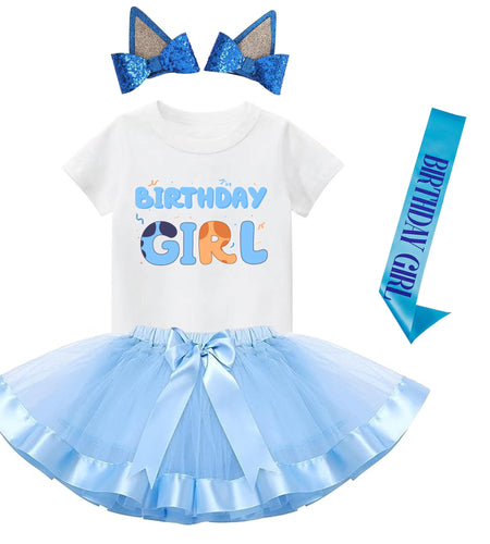 K-Acc Birthday Girl Outfit T-Shirt Blue Ears Tutu Dress Satin Sash Size 8
