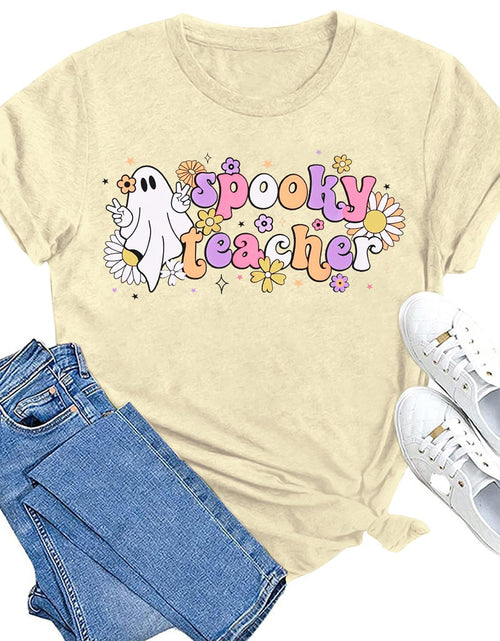 Load image into Gallery viewer, MAIHUN Women's Halloween Teacher Ghost Cartoon T-Shirt Cream Size L

