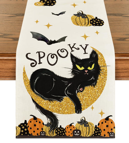 Artoid Mode Halloween Table Runner Black Cat Pumpkins Moon 13x72 Inch Beige
