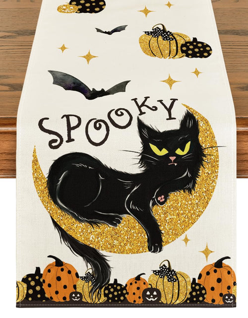 Load image into Gallery viewer, Artoid Mode Halloween Table Runner Black Cat Pumpkins Moon 13x72 Inch Beige
