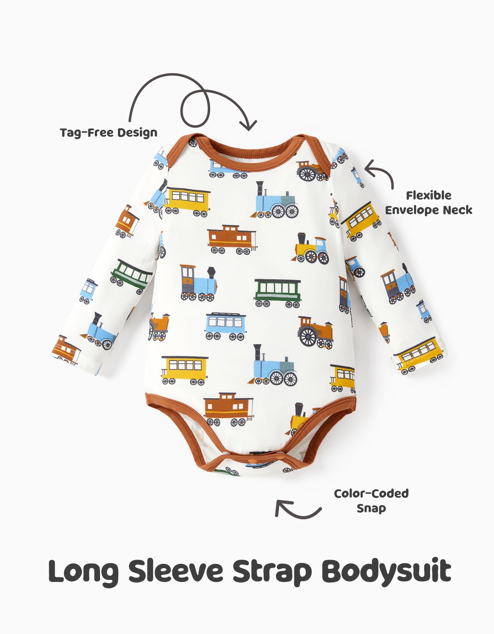 PATPAT Baby Boys Bodysuits 2-Pack Long Sleeve Train Print Brown Car Size 18-24M