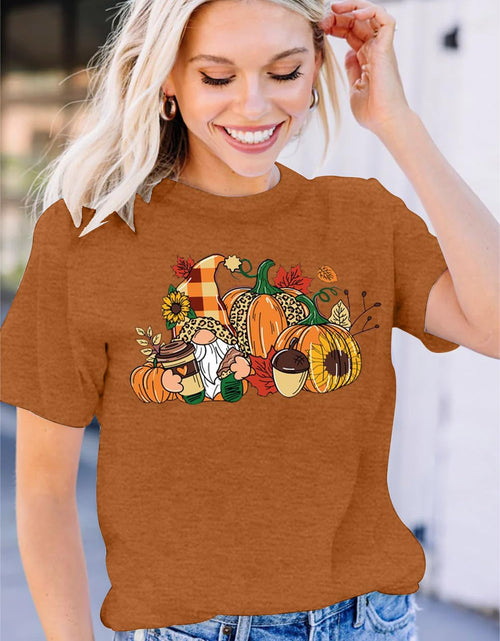 Load image into Gallery viewer, MAIHUN Womens Thanksgiving Shirt Cute Gnomes Pumpkin Fall Short Sleeve Size S
