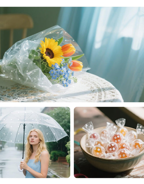 Load image into Gallery viewer, Nitelemn Transparent Cellophane Wrap 9x9in 200 Sheets White Polka Dot
