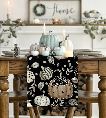 Artoid Mode Harvest Pumpkin Darkness Floral Table Runner Black 13x90 Inch