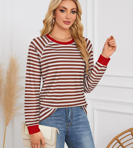 Misyula Style Plus Size Striped Crewneck Sweatshirt Red Brown Size XXL