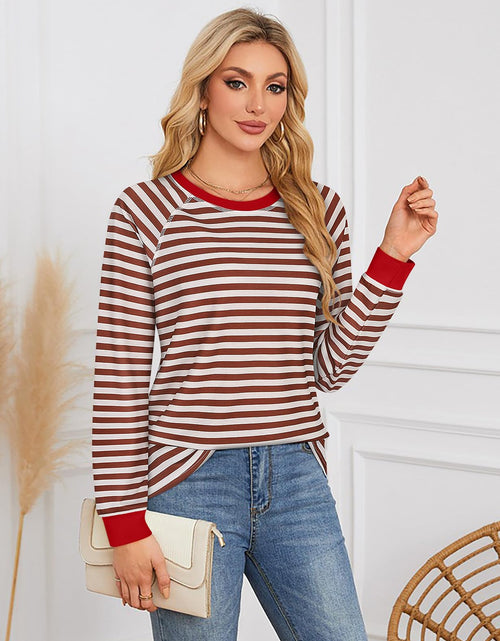 Load image into Gallery viewer, Misyula Style Plus Size Striped Crewneck Sweatshirt Red Brown Size XXL
