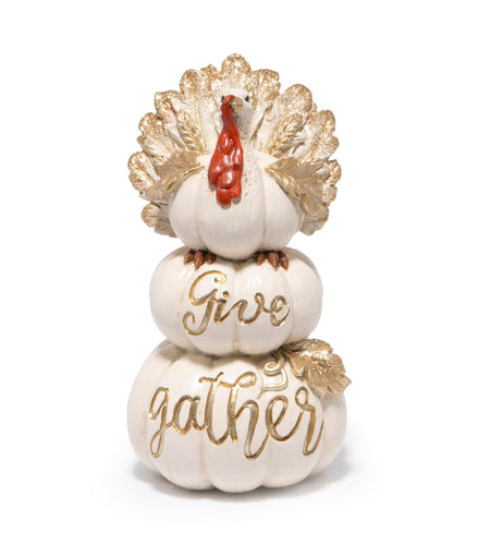 Hodao Thanksgiving Pumpkin Turkey Figurine 3 Stacked Pumpkins White Resin