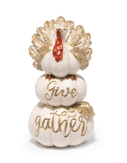 Load image into Gallery viewer, Hodao Thanksgiving Pumpkin Turkey Figurine 3 Stacked Pumpkins White Resin
