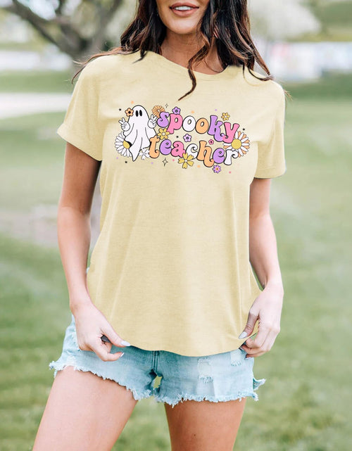 Load image into Gallery viewer, MAIHUN Women's Halloween Teacher Ghost Cartoon T-Shirt Cream Size L
