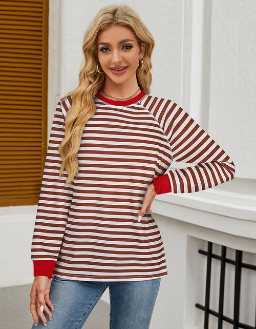 Load image into Gallery viewer, Misyula Style Plus Size Striped Crewneck Sweatshirt Red Brown Size XXL
