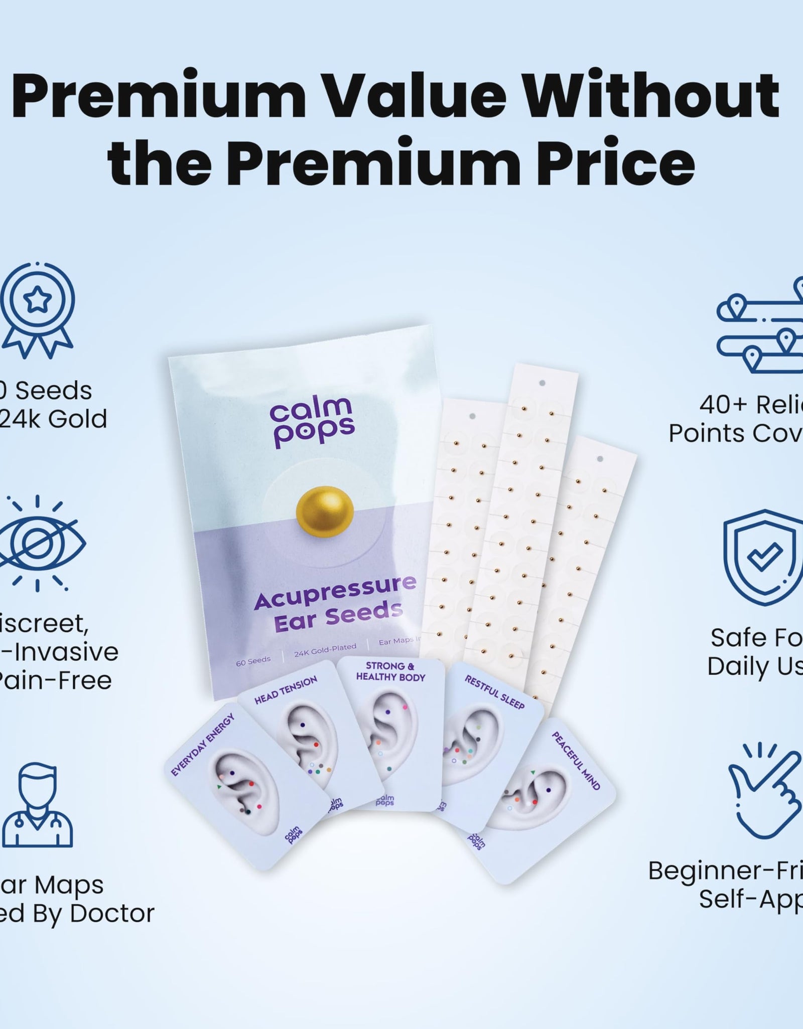 CalmPops Acupressure Ear Seeds Kit 24K Gold Plated 60 Units Immune Digestive
