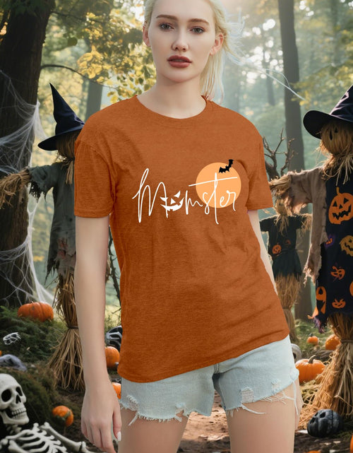 Load image into Gallery viewer, NEWKA Halloween Momster TShirt Women Funny Spider Bat Letter Print Brown Size XL
