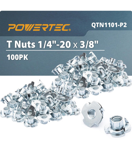 POWERTEC 1/4-20 4 Pronged T Nuts Threaded Inserts Woodworking 3/8" Length 100pcs